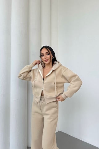 Mezka Kadın Çift Fermuar Detaylı Kapüşonlu Kışlık Şardonlu Oversize Eşofman Takımı Krem