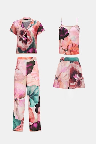 Paradise Sklamen 4'lü Dokuma Viskon Önden Düğmeli Pijama Takım Seti Desenli