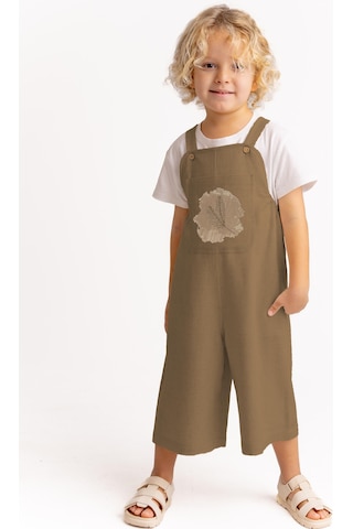 Unisex Tüğ Nakışlı Keten Salopet Caramel Caramel Kahverengi