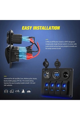 Motion003 Mavi Alüminyum Alaşımlı 4 Konumlu Şalter Paneli Ön Tesisatlı Çift Usb Girişli Gerilim Göstergeli 36v Kamyonet Karavan Tekne Yat
