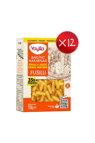 Yayla Kinoalı Ve Sebzeli Kırmızı Mercimek Fusilli Bakliyat Makarnası 250 G X12