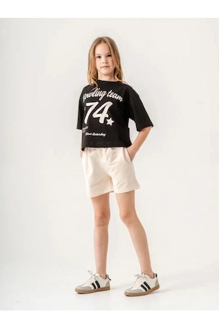 Kız Çocuk Pamuklu 74 Yazılı Şortlu Takım-15886 Siyah