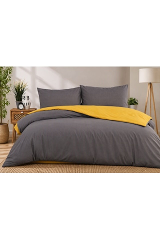 Lux Comfort Düz Renk Çift Kişilik Nevresim Takımı Çift Renkli Yumuşak Dokulu 200x220 Cm 4 Parça Antrasit - Sarı