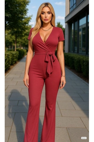 Modasize Kadın Kruvaze Yaka Kısa Kollu Kuşaklı Tulum Kırmızı