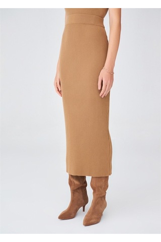 Peraluna Örgülü Kaşmir Karışımlı Kalem Kadın Triko Etek Camel