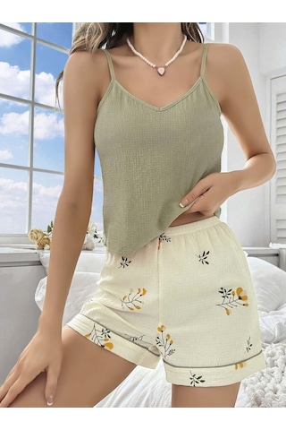 Kadın Ekru Çiçek Baskılı Şortlu Gecelik Pijama Takımı 5099 Ekru