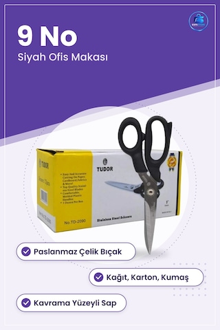 Makas 9 No Siyah Paslanmaz Çelik Kumaş Kağıt Karton Kesme Ofis Kı