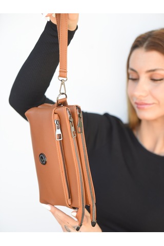Jara Bag Moon Kadın Çapraz Ve El Çantası Hafif, Şık Ve 3 Bölmeli Portföy Ve Çapraz Askılı Taba