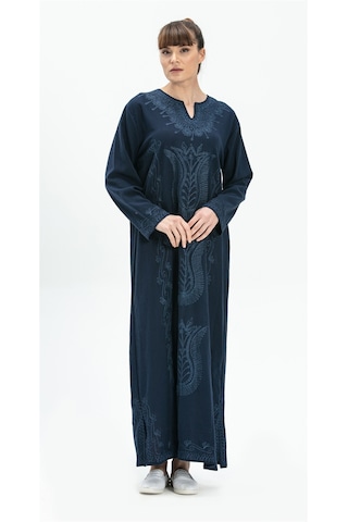 Eliş Şile Bezi Uzun Kol Şile Bezi Simli Kaftan Midi Boy Elbise Lacivert Lcvt