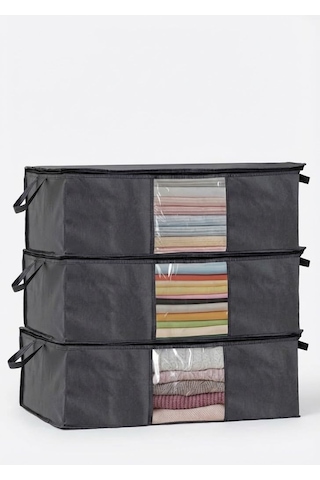 3'lü Siyah Pencereli Hurç Seti 64x45x22 Cm Bez Kumaş Baza Altı Organizer, Şeffaf Pencereli Hurç, Giysi Ve Nevr Diğer