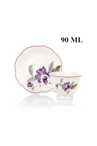 Türk Kahvesi Takımı 2 Kişilik Porselen Mor Çiçek Desenli 90 Ml Beyaz