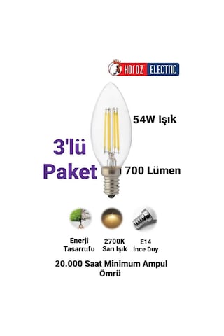 Horoz 6 Watt E14 Duylu Rustik Led Ampul Sarı Işık Avize Ampulu İnce Duylu Mum Ampul 700 Lümen
