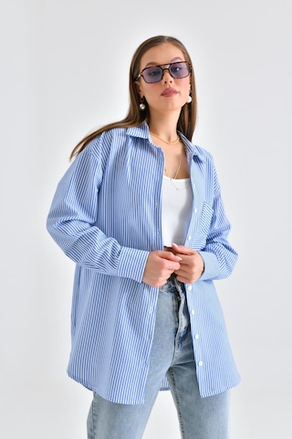 Saade Mavi Bürümcük Detaylı Çizgili Gömlek Bej