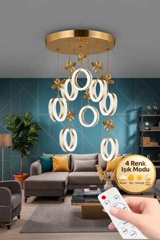 LumiaLighting Aurea Model 8'li Gold Kumandalı 3 Renk Modu Ledli Kristal Taşlı Modern Salon Mutfak Oturma Odası Led Avize Altın