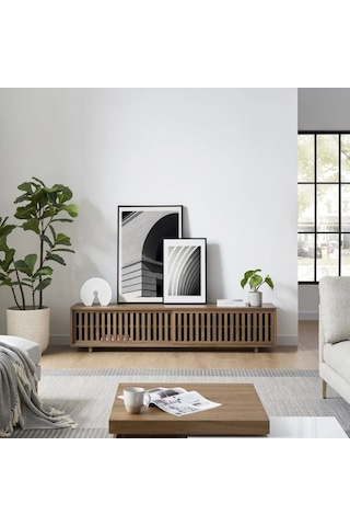 Linea Ahşap Modern Tv Ünitesi Sürgü Izgara Kapaklı Koyu Ceviz