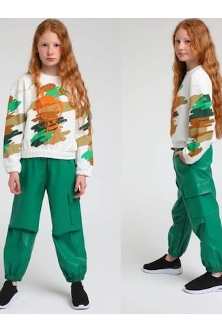 Kız Çocuk Arı Maya Baskılı Kamuflaj Sweatshirt-13654 Beyaz