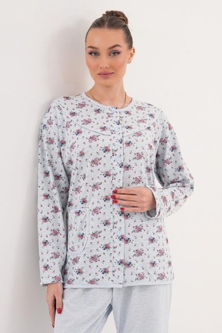 Mecit Pijama Mecit 6315 Mavi Kadın Boydan Düğmeli Büyük Beden Pijama Takımı Mavi