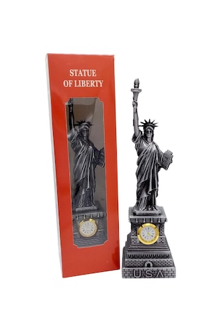 Metal Saatli Özgürlük Heykeli Gümüş Vintage Dekor Usa 25cm