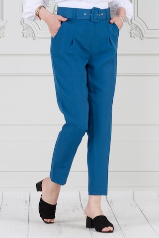 Sevitli Beli Kemerli Pileli Kalem Pantolon-mavi-3681-mavi Mavi