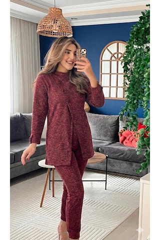 Mareandpanda Kadın Uzun Kollu Balıkçı Yaka Önden Düğmeli Bluz Ve Pantolon Yumoş Ikili Takım bordo