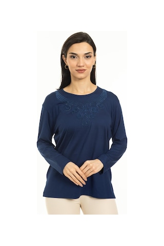 Kadın Orta Yaş Ve Üzeri Yeni Model Yuvarlak Yaka Likralı Anne Penye Bluz 30550-indigo