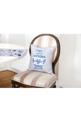 Finezza Vista Baskılı Kumaş Kreme Mavi Kırlent Kılıfı 45x45  İkili - 1429