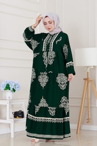 Sevitli Yarım Düğmeli Robalı Beyza Elbise-yeşil-5142