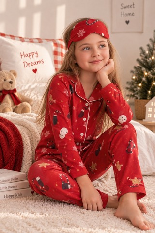 Free Beka Yılbaşı Desenli Uzun Kollu Önden Düğmeli Gömlek Yaka Kız Çocuk Pijama Takımı Kırmızı
