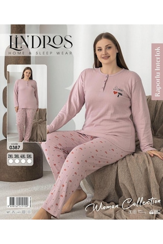 Boyraz Lindros Kadın Düğme Yaka Raporlu İnterlok Kışlık Battal Pijama Takımı 0387 - 1 Adet Gülkurusu