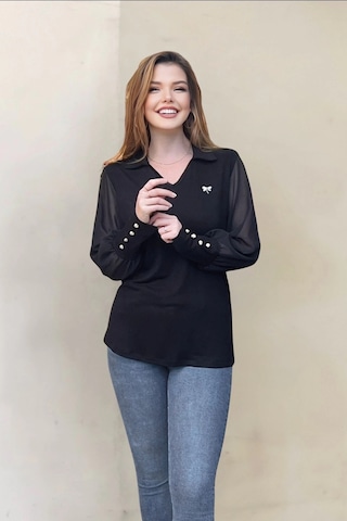 Kolları Şifon Düğme Detaylı Bluz Siyah
