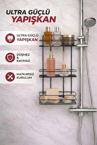 3 Katlı Siyah Yapışkanlı Banyo Rafı, Şampuanlık Duş Düzenleyici, Paslanmaz Metal Banyo Duvar Askısı - TŞ-03