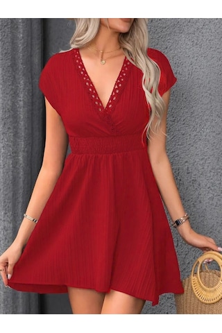 Kadın Kısa Kollu Kruvaze Yakalı Beli Lastikli Bürümcük Elbise Kırmızı