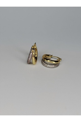 Çift Bantlı Zirkon Taşlı Altın Renk Halka Küpe Kadın Çelik Küpe Altın