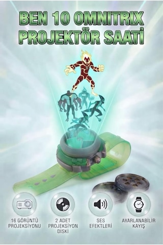 Ben10 Omnitrix Projektör Saat 16 Görüntü Projeksiyonlu Sesli Ayarlanabilir Kayışlı Kol Saati Oyuncak Ben 10