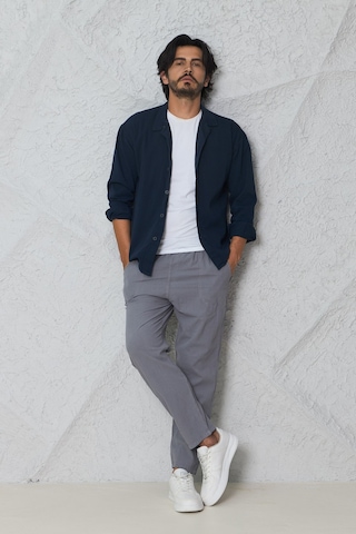 Blayn Jeans Erkek Uzun Kollu Keten Görünümlü Gömlek Oversize Kalıp Lacivert