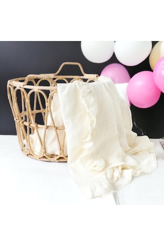 Bürümcük Müslin Fırfırlı Örtü Organik Pamuk 100X100 Cm Ekru