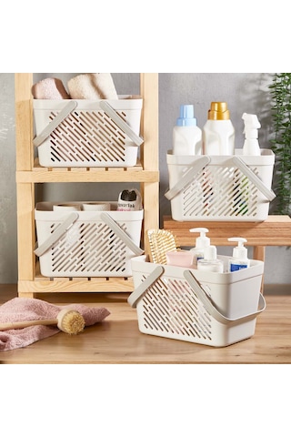 Kulplu Plastik Saklama Sepeti - Çok Amaçlı Düzenleyici Sepet - Tezgah Üstü, Banyo, Mutfak, Ofis - Organizer Sepet - Beyaz Beyaz