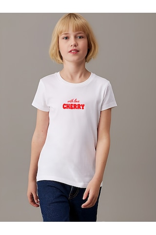 Uyguntarz Çocuk Cherry Baskılı Pamuklu Tshirt Beyaz