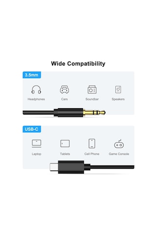 Samsung Xiaomi Uyumlu Aux Kablosu Type-c To Jack Çevirici Dönüştürücü Siyah Bluetooth Gerektirmez
