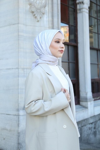 Eşarp - Premium Lux Original Monogram Eşarp İpek Vual, Yüksek Kalite, Hafif, Rahat, Şık, Scarf Krem