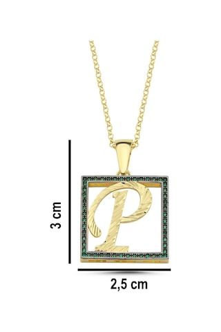 P Harfli Yeşil Taşlı 14 Ayar Altın Kaplama Kolye Gümüş