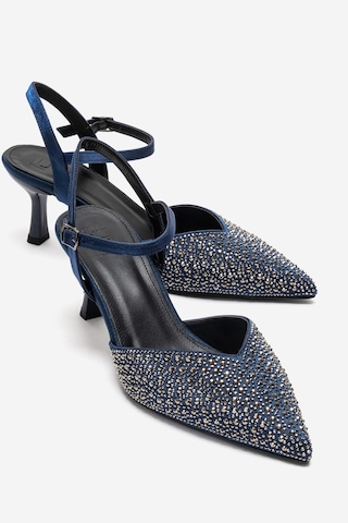 Luvishoes Vilka Lacivert Saten Taşlı Kadın Sivri Burun İnce Topuklu Abiye Ayakkabı
