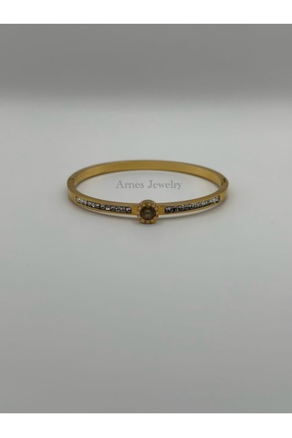 Arnes Jewelry Çelik Gold Zirkon Taşlı Kelepçe Bileklik Ar15 Gold