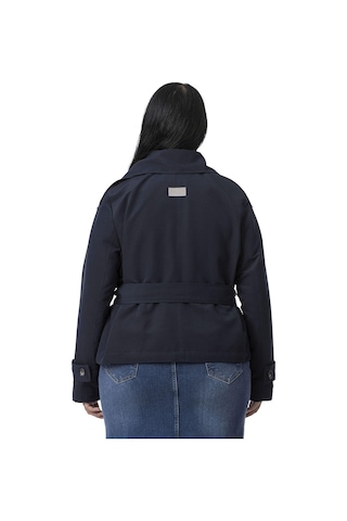 Büyük Beden Mono Yaka Kemerli Astarlı Kısa Lacivert Trençkot Lacivert