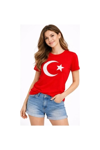 Defymoda T-shirt Kısa Kol Bisiklet Yaka Ay Yıldız Bayrak Baskılı Tişört - Kırmızı