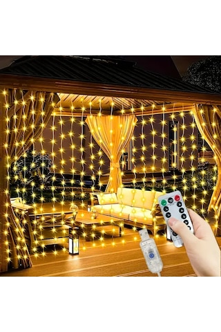 300 Ledli 10 Sarkıt Perde Led Işık-8 Fonksiyon, Uzaktan Kumandalı, 3x3 Metre Açık Sarı