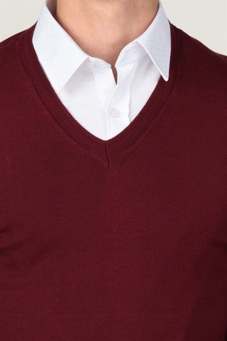 Tudors Slim Fit Dar Kesim V Yaka Pamuklu Erkek Kazak-8087 Bordo