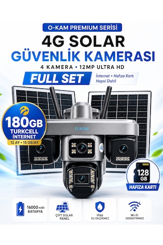 O-kam Ok335set1 12mp 4 Kameralı 4g Çift Solar Panel Gece Görüş 180gb 12ayx15gb Turkcell +128gb Hafıza