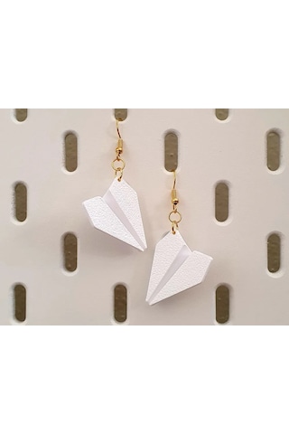 Beyaz Kağıt Uçak Görünümlü Origami Tasarım Minimalist Hafif Kadın Küpe Beyaz