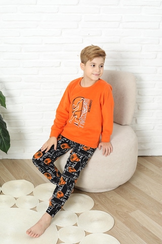 Yeni Stil Sonbahar/kış Erkek Çocuk Basketball Desenli Polar Pijama Takımı 4562 Turuncu